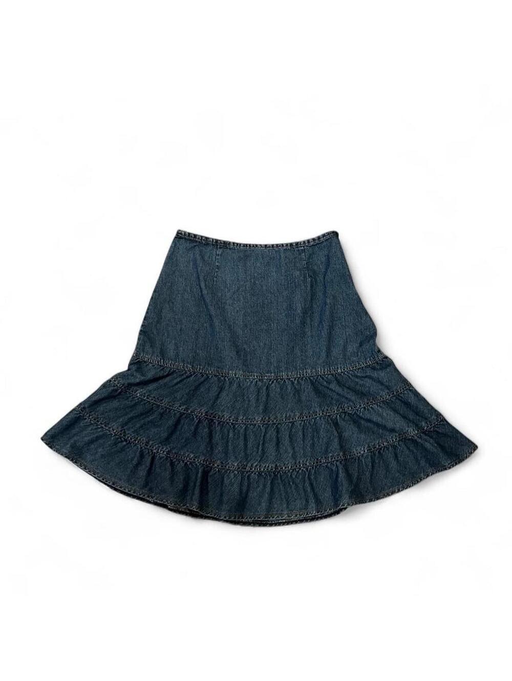Y2K Denim Tiered Midi Skirt Ruffle Boho Cottagecore